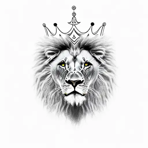 A Monocromatic Realistic Image Of The Head Of A Lion Wearing A Crown Seeing Slighty From The Side