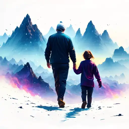 Mother Father And A Son Walking Faded With Scenery Background With Galaxy Colors With Dark Mountains