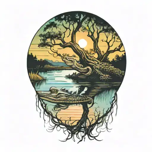 Alligator In The Water At Sunset Under A Live Oak Tree With Spanish Moss Hanging