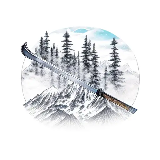 Katana On A Katana Stand In Front Of A Tempel With Mountains And Trees