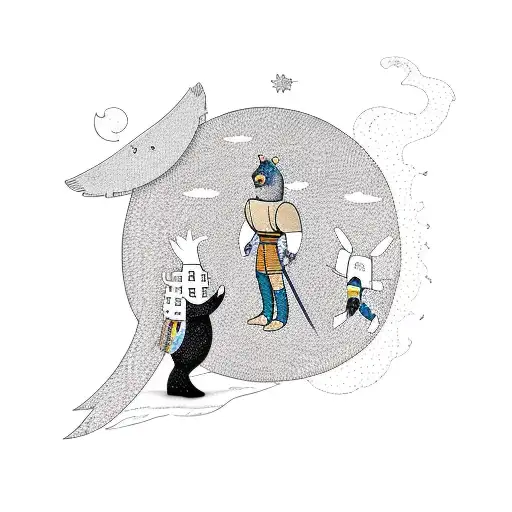 A Bear And Knight Walking Through The Woods And Phoenix Flying Above In The Air