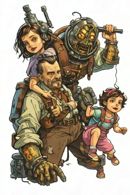 Big Daddy From Bioshock With Little Sister On His Shoulders While She Is Holding A Syringe Of Adam