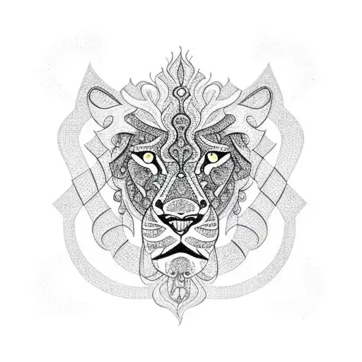 An Intricate Blackwork Design Featuring Jewish Symbols Intertwined With The Silhouette Of A Lion