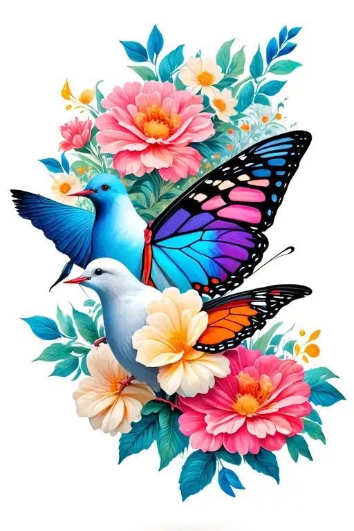 Butterfly With Flowers And Dove