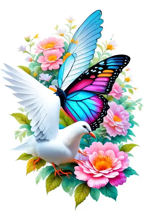 Butterfly With Flowers And Dove