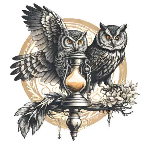Half Owl And Half Crow Flying While Holding An Hourglass