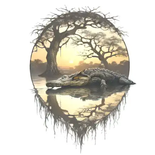 Alligator In The Water At Sunset Under A Live Oak Tree With Spanish Moss Hanging