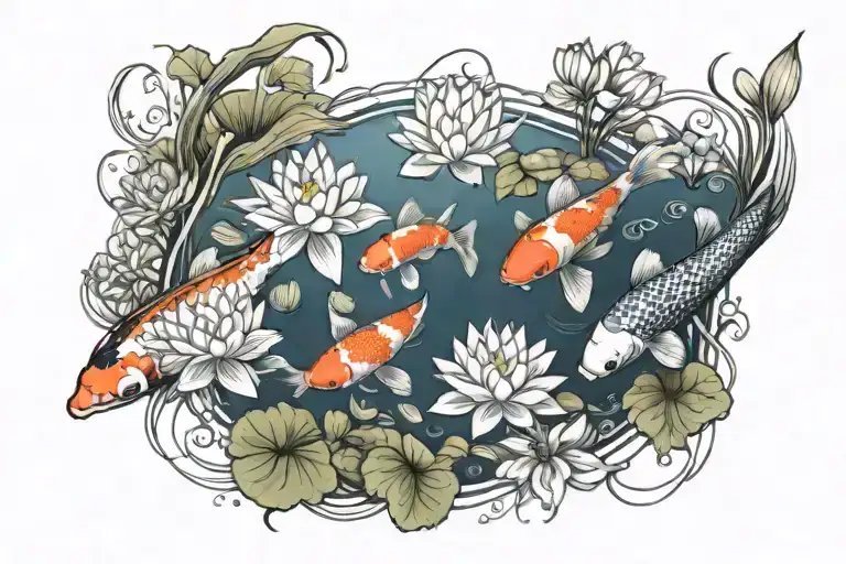 Koi Pond Fish Swimming Lotus Garden Scene