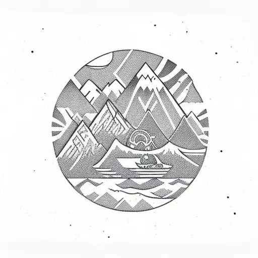 Viking Boat With Mountains In Background With Wooded Area And Animals And Nordic Symbols