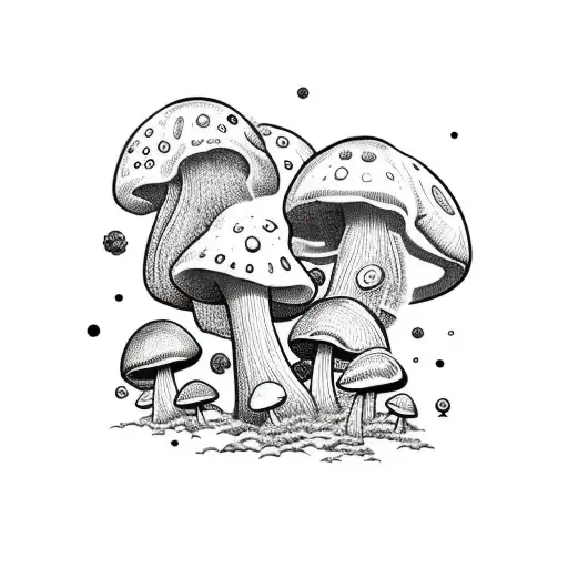 Mushroom Spores Floating In Space With A Blackwork Astronaut Observing