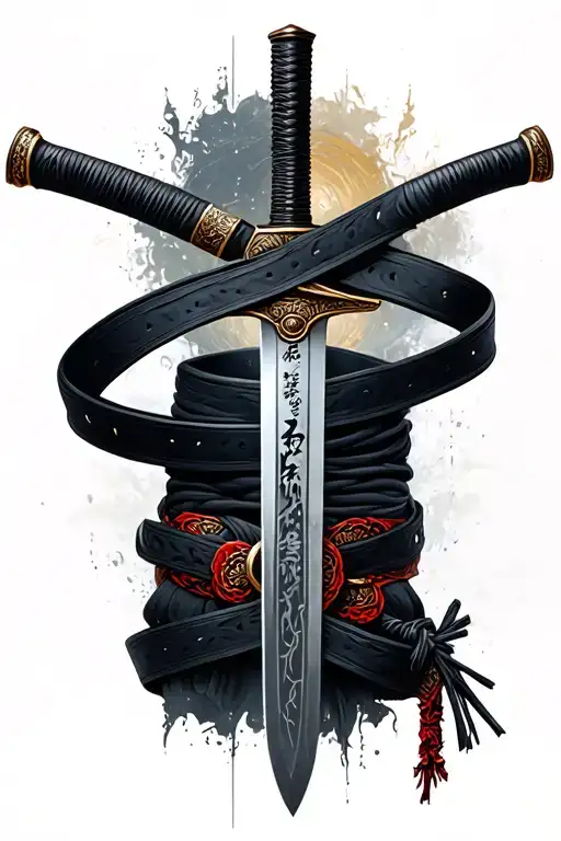 Katana With Black Belt Wrapped Around From Top To Bottom Of The Katana
