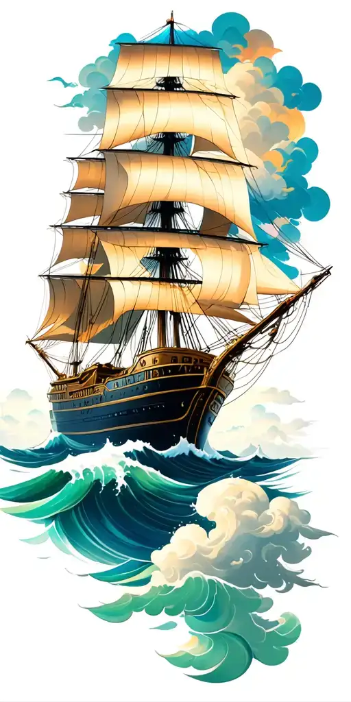 Sailship Waves Clouds Girl Face