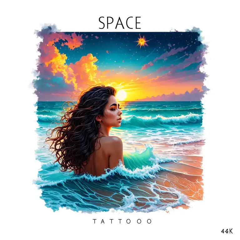 Space Beach Sunset Girl In Sea Waves