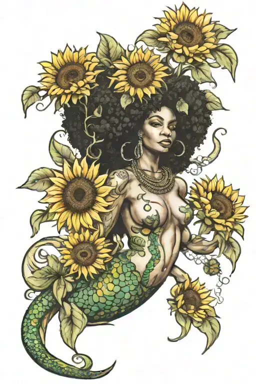 Afro Mermaid Holding Sunflowers