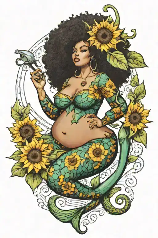 Fat Afro Mermaid With Sunflowers Growing