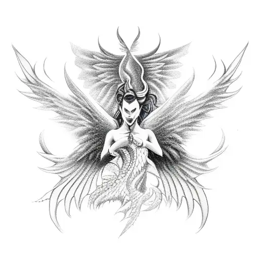 Black Develish Angel Flying Beside A Dragon