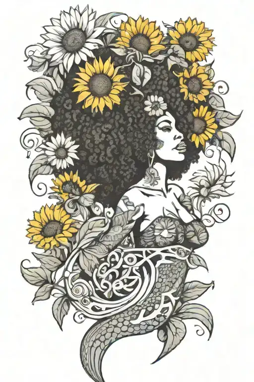 Afro Mermaid With Sunflowers Growing