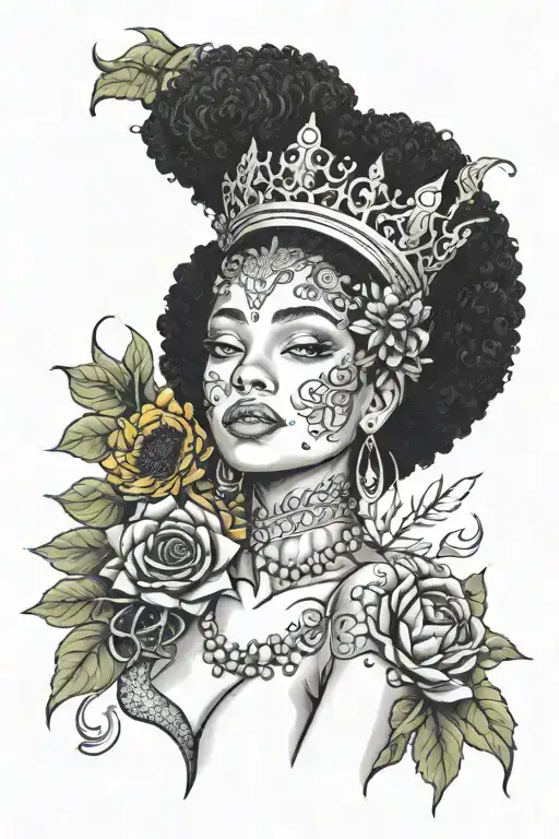 Afro Mermaid Swimming With Sunflowers And Crown Made Of Rose