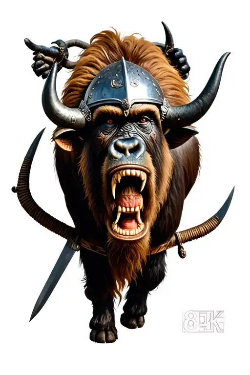 Armored Orangutan Teeth Bared With Helmet And Sword Riding A Bison