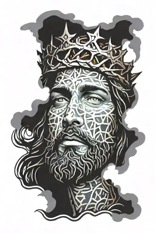 Jesus In Dark Clouds With A Crown Of Thorns On His Head And Fire In His Eyes