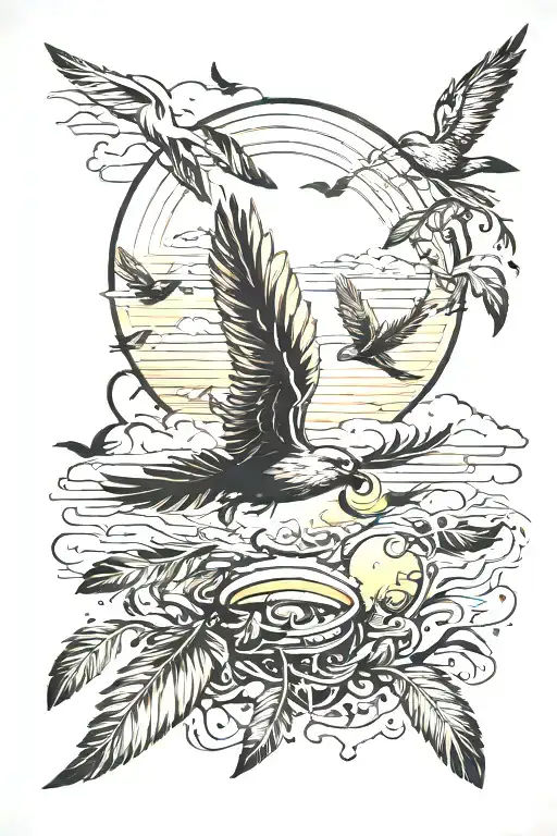 Feather Birds Flying Away To The Sun Setting