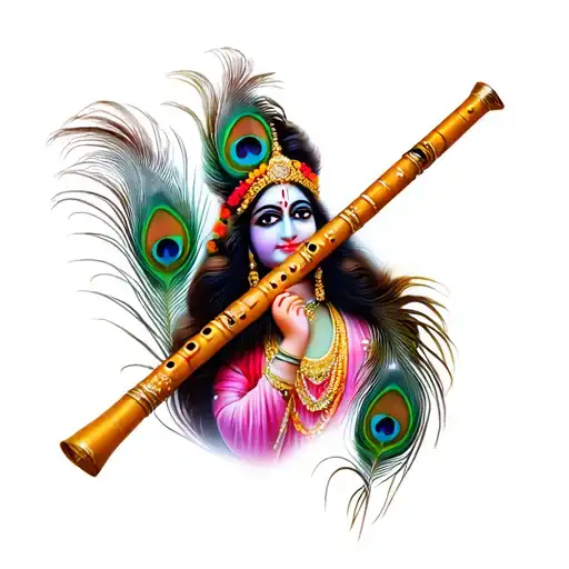 Shri Krishna's Flute Surrounded By Peacock Feathers