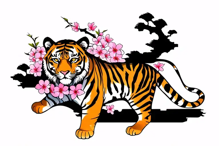 Leg Sleeve With Tiger On Front Middle Thigh And Japanese Cherry Blossoms Surrounding The Tiger
