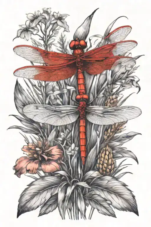 Red Dragonfly On Cattail Plant