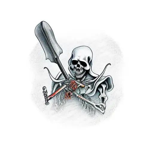 Grim Reaper Holding A Baby In One Arm And Scythe In Other Hand