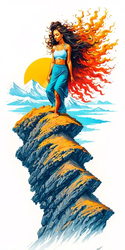Woman On Top Of Mountain Peak Surrounded