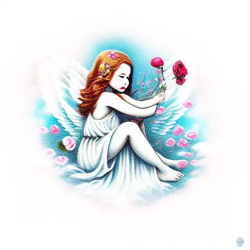 An Angel Sitting Under A Cherry Blossom Tree With Roses And Flowers Surrounding Them