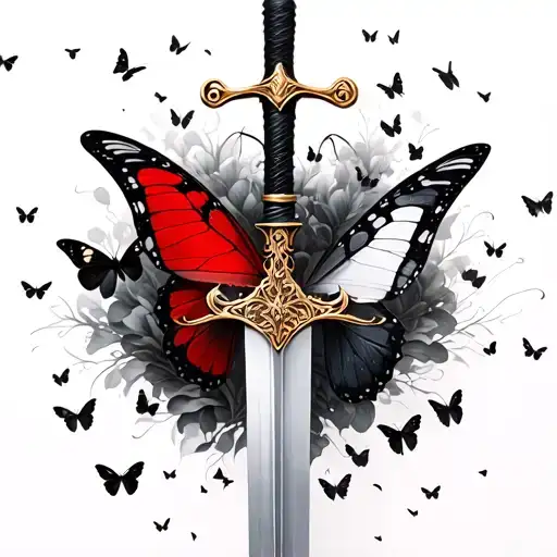 Red And Gold Elegant Sword Surronded By Black And White Dying Butterflies