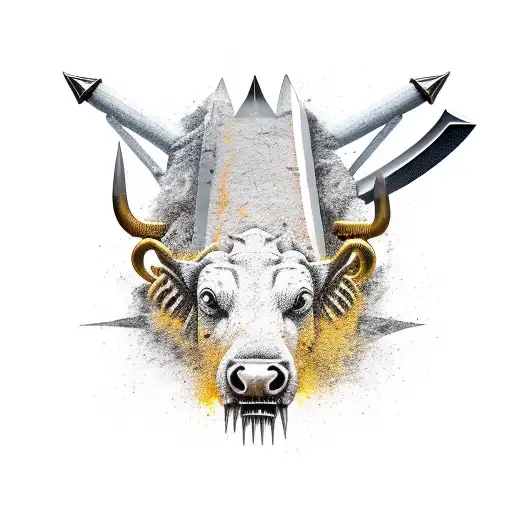 Jagged Fanged Sword Piercing The Body Of A Golden Calf