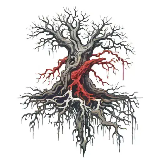 Dead Tree With Roots With An Image Carved Into It That's Dripping Blood