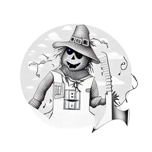 A Scarecrow Playing An Electric Guitar That Is Shaped Like A Sickle