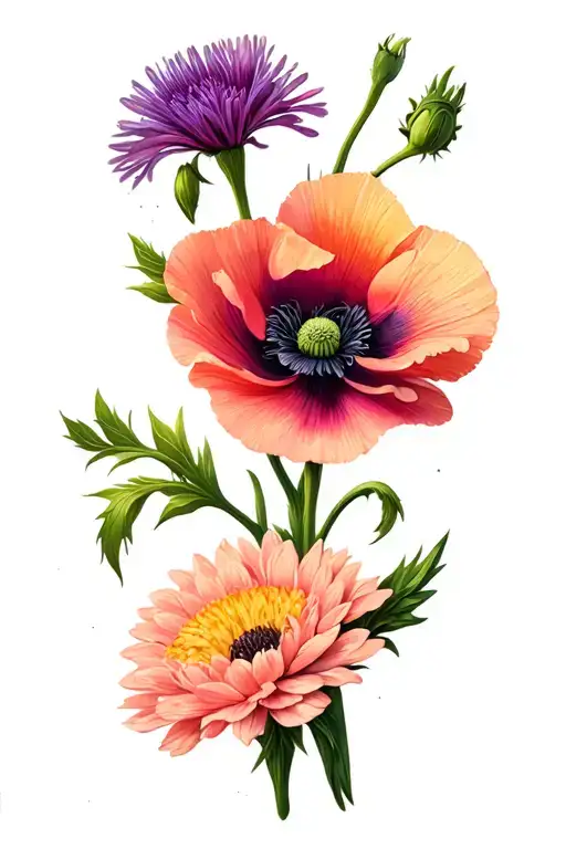 Two Poppy Flower One Aster Flower One Gladiolus And One Chrysanthemum