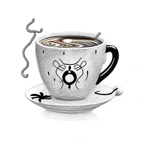 A Coffee Cup With A Sketch Of A Black Cat Swimming In It