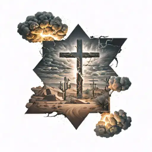 Dark Thunder Storm In Desert With Striking Lighting Thats The Shape Of A Cross