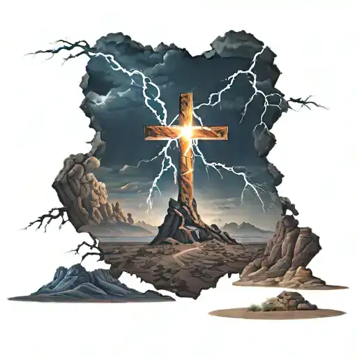 Dark Thunder Storm In Desert With Striking Lighting Thats In The Shape Of A Cross