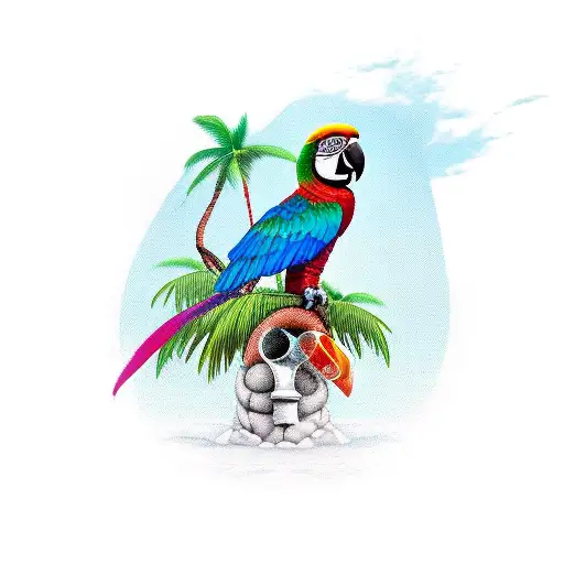 Parrot With A Drink Leaning On A Palm Tree On A Desert Island