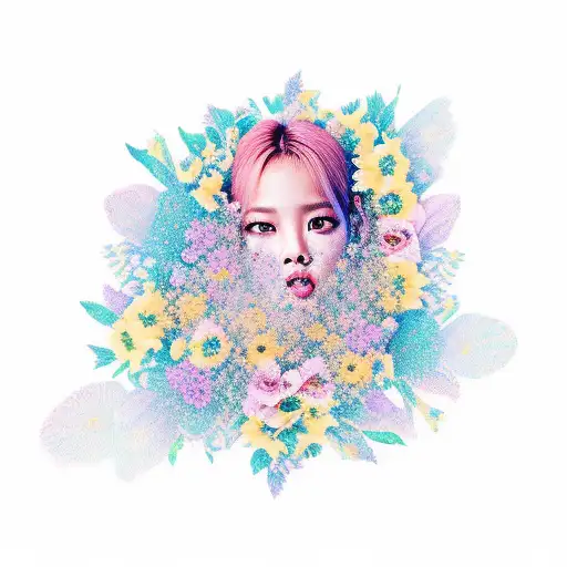 A Portrait Of Lisa From Blackpink With A Background Of Musical Notes And Flowers