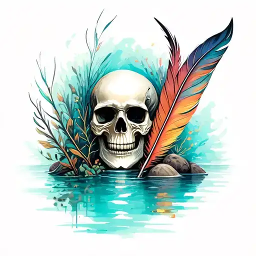 Skull With Feathers And Turquoise Lake