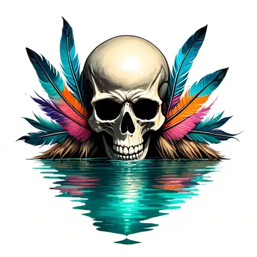 Skull With Feathers And Turquoise Lake