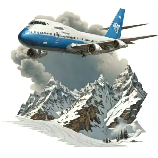 Boeing 747 Flying Above A Snowy Mountain With A Windy Road That Has A Blue Vw Beetle Driving On It