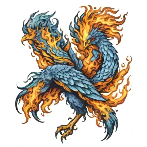 Flaming Blue Phoenix Made Of Fire Rising From Flames