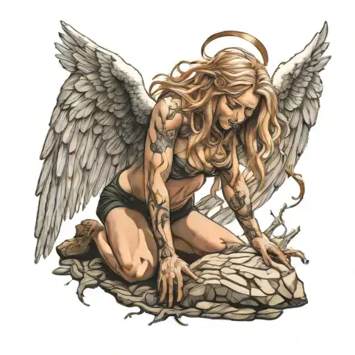 Arch Angel On Knees Looking Up To Heaven