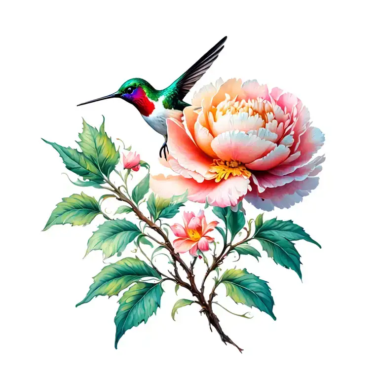 Peony With Hummingbird