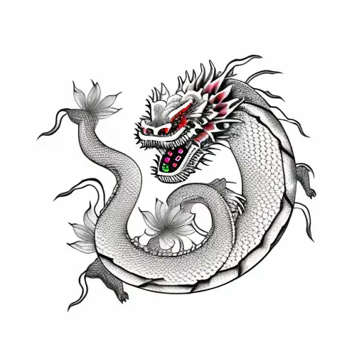Japanese Dragon With Peony Flowers