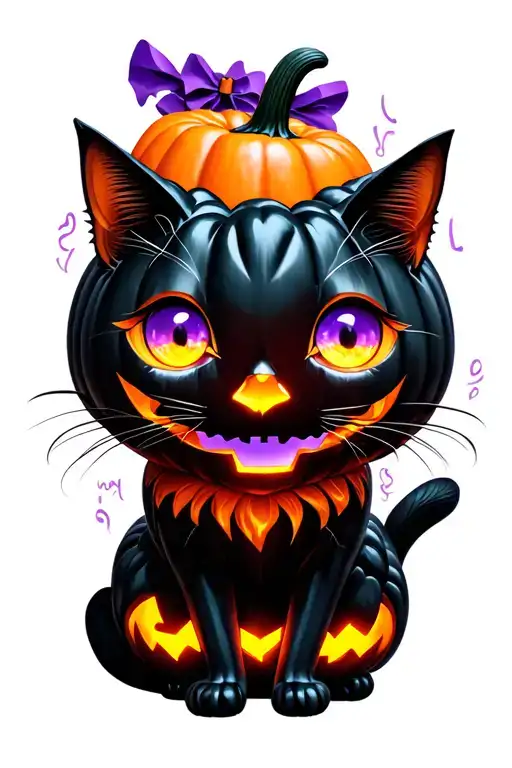 Kawaii Halloween Pumpkins Black Cat With Purple Eyes