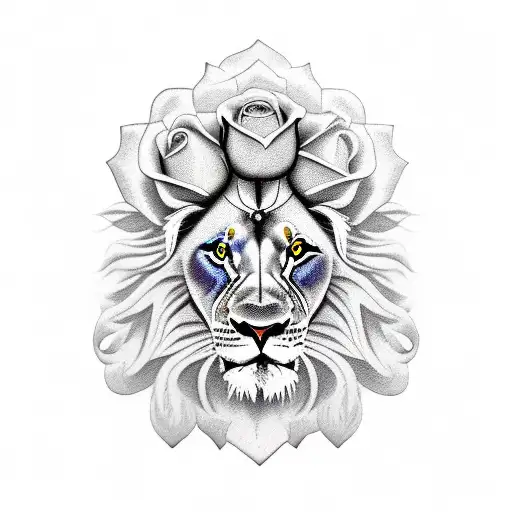 Lion With Realistic Rose Underneath